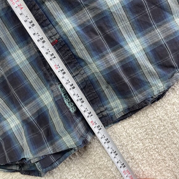 Y2K Guess Mens Blue Plaid Button-Down Long-Sleeve Shirt Metal Snap / Zip Size XL - Picture 11 of 16